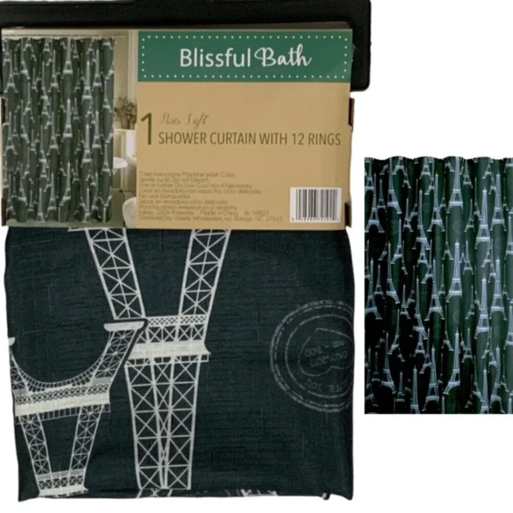Blissful Bath Paris Shower Curtain Fabric Paris Eiffel Tower Hooks Black White